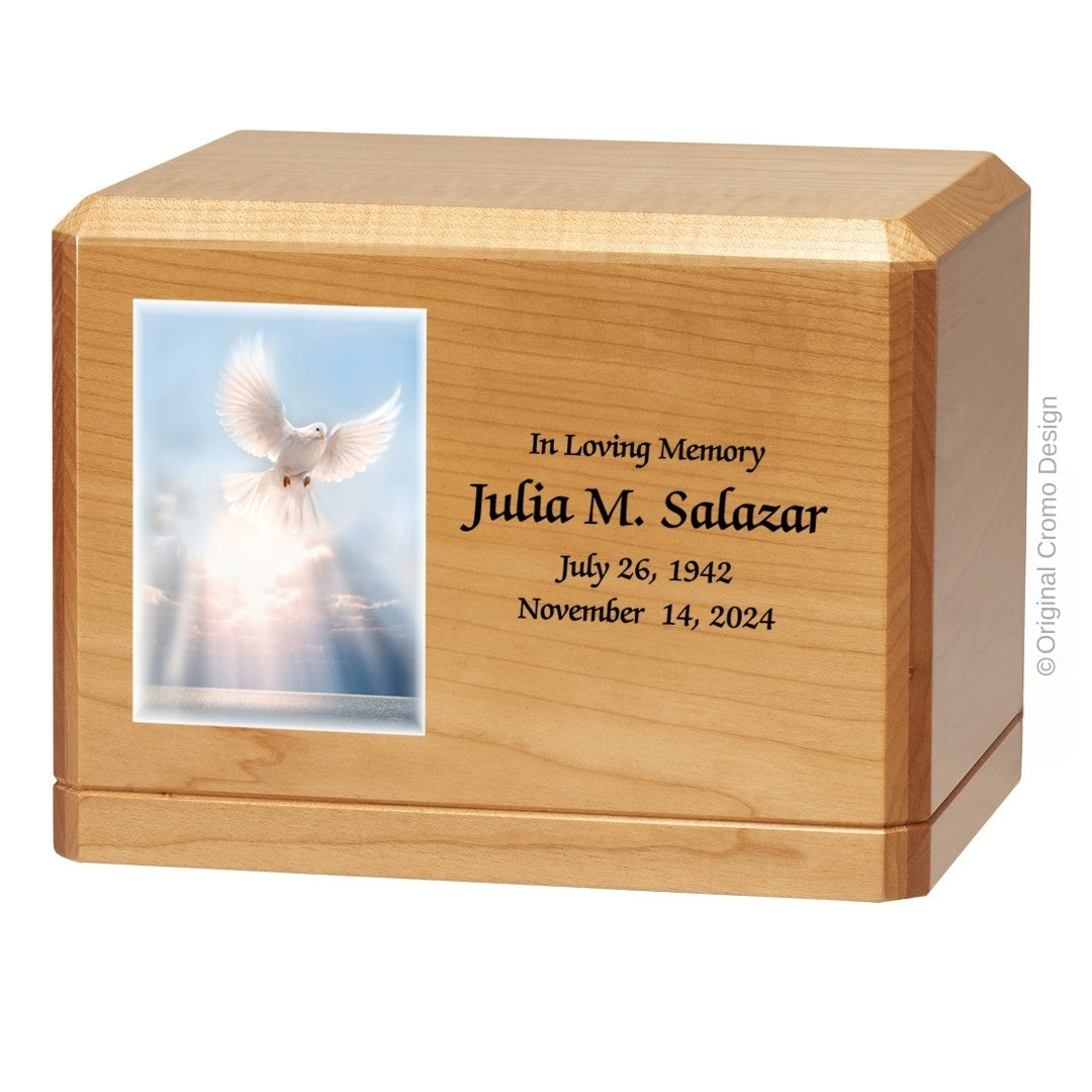 Catholic cremation urn with White Dove Wood finish by Cromo NB
