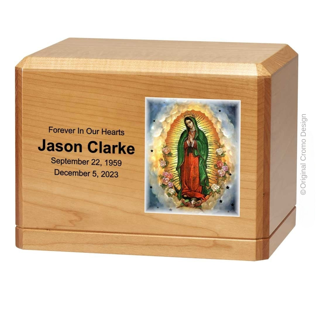 Catholic cremation urn with Our Lady of Guadalupe Wood finish by Cromo NB