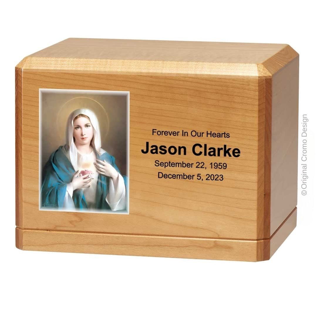Catholic cremation urn with Immaculate Heart of Mary Wood finish by Cromo NB