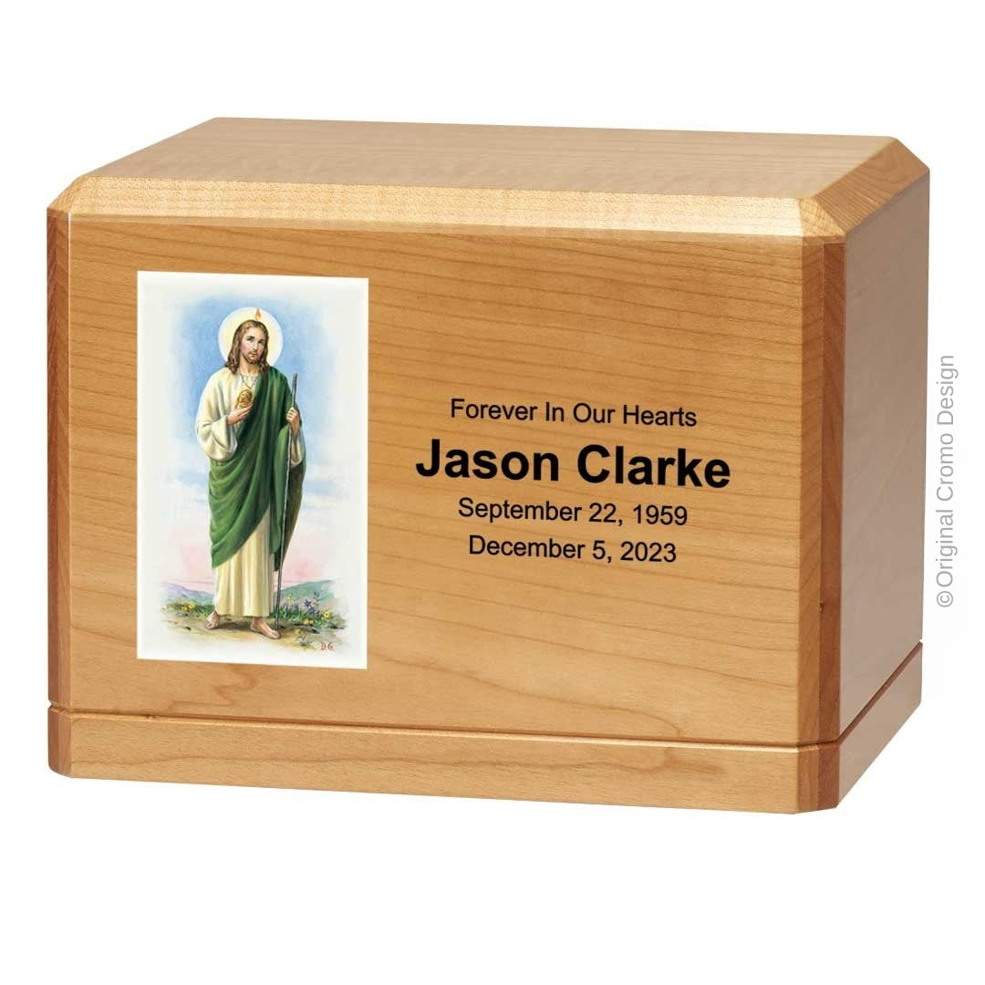 Catholic cremation urn with Saint Jude Wood finish by Cromo NB