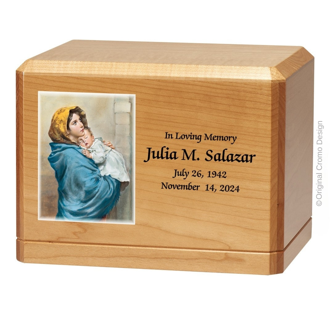 Catholic cremation urn with Madonna of The Street Wood finish by Cromo NB