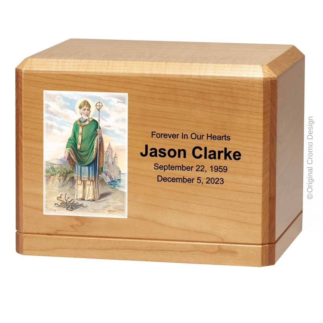 Catholic cremation urn with Saint Patrick Wood finish by Cromo NB