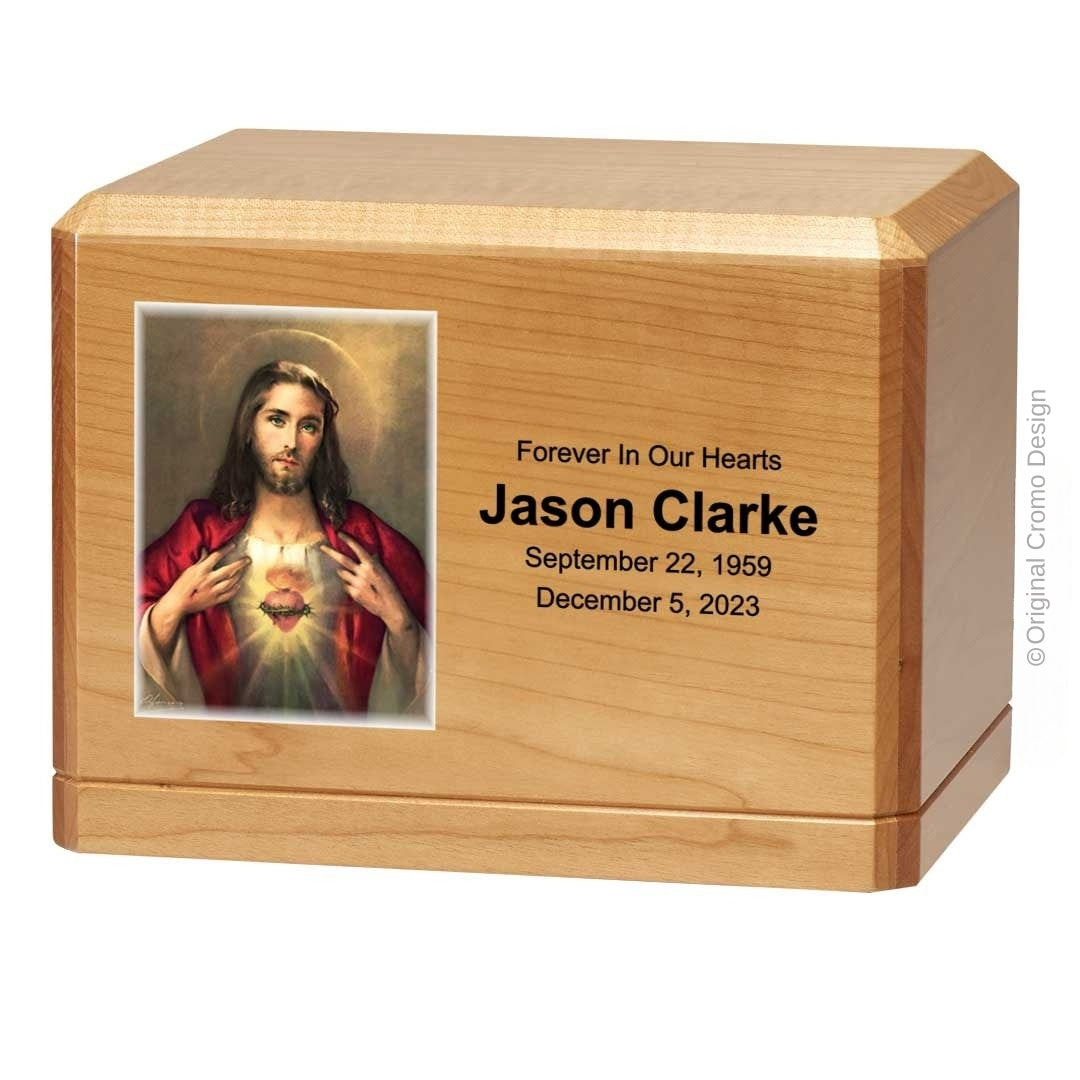 Catholic cremation urn with Sacred Heart of Jesus Wood finish by Cromo NB