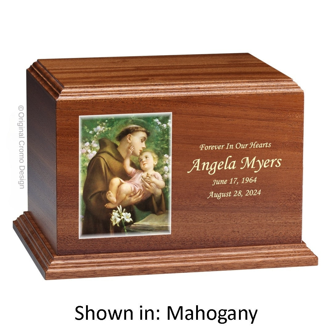 Catholic cremation urn with Saint Anthony Mahogany finish by Cromo NB