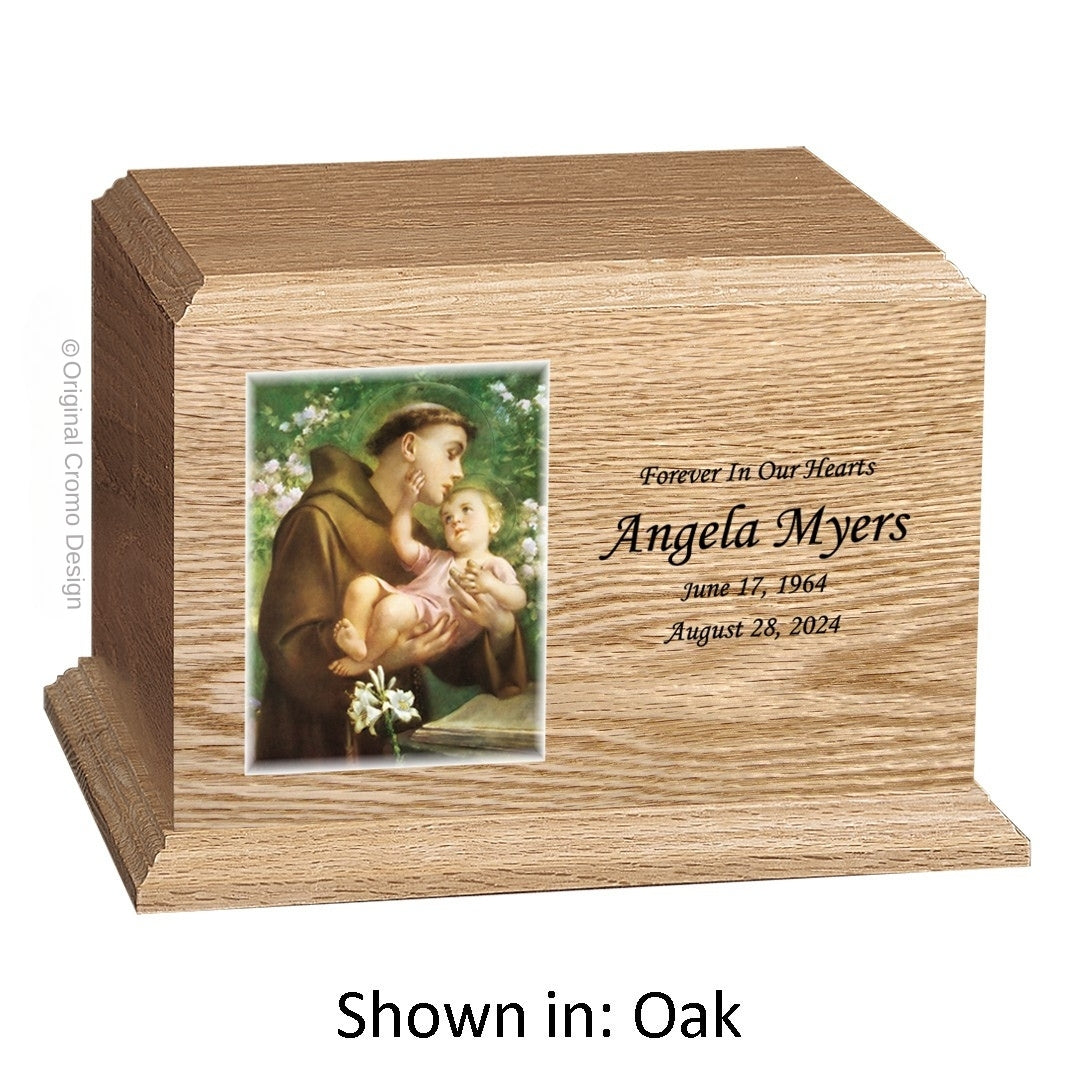 Catholic cremation urn with Saint Anthony Oak finish by Cromo NB