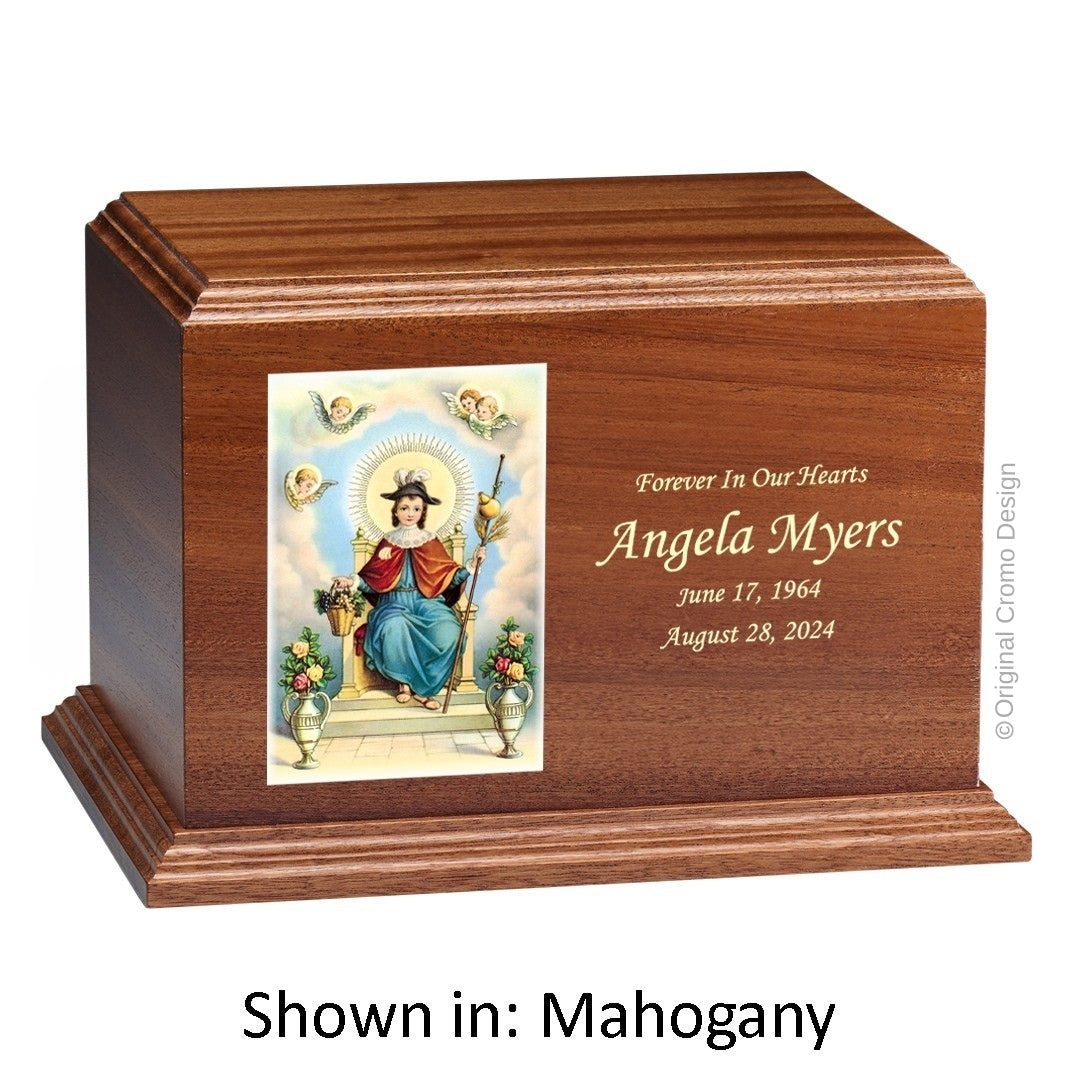 Catholic cremation urn with Child of Atocha Wood finish by Cromo NB