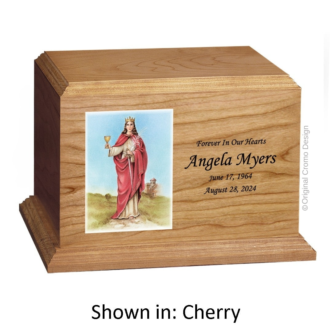 Catholic cremation urn with Sacred Heart of Jesus Wood finish by Cromo NB