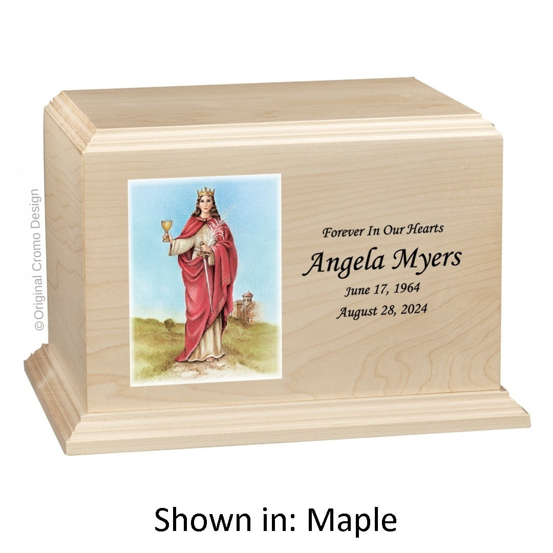 Catholic cremation urn with Our Lady of Santa Barbara Wood finish by Cromo NB