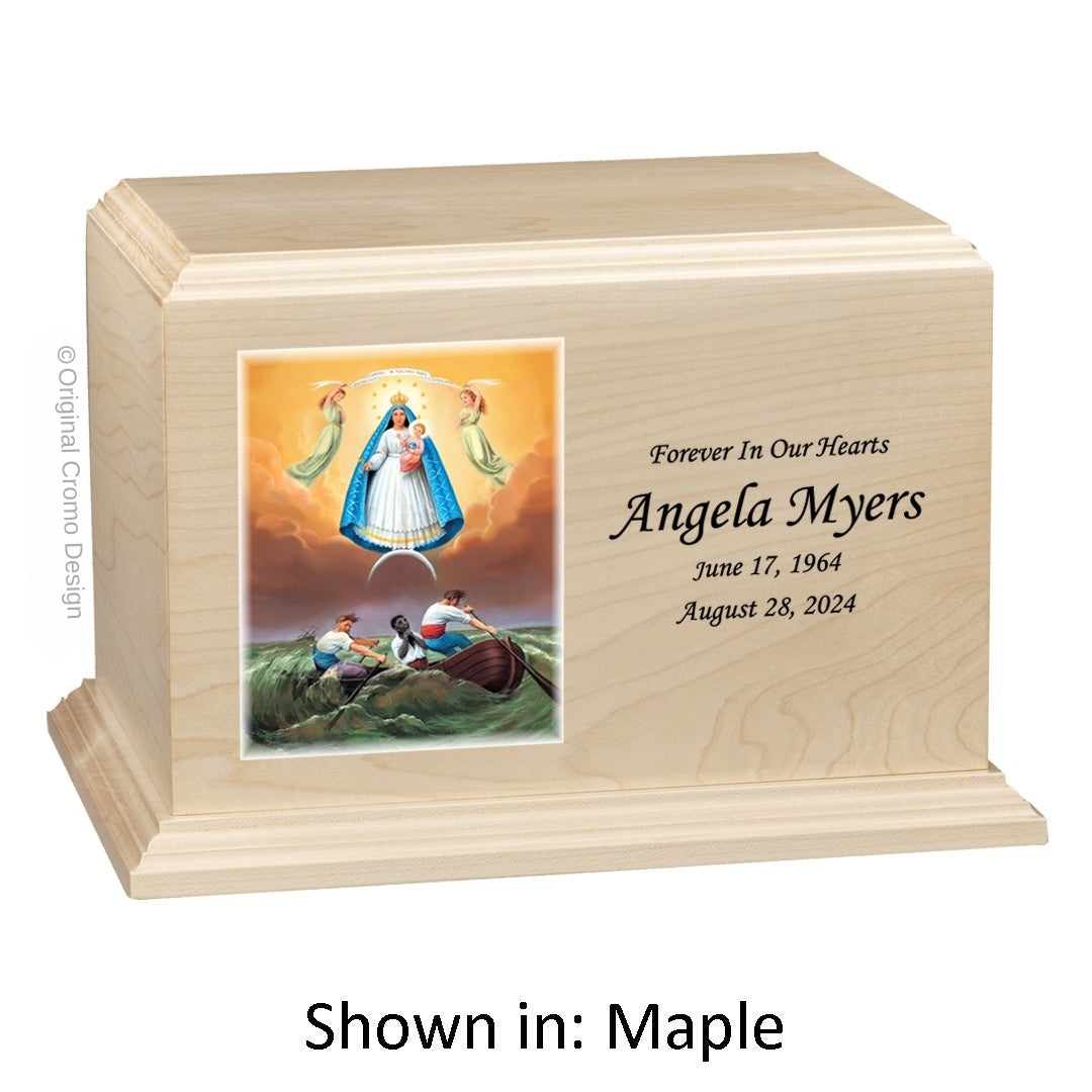 Catholic cremation urn with Our Lady of Charity Wood finish by Cromo NB