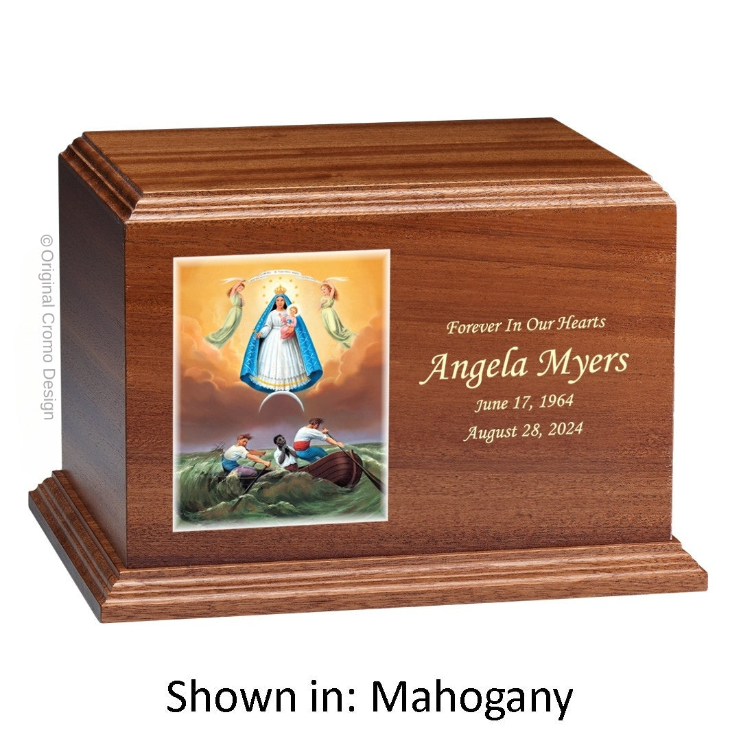 Catholic cremation urn with Our Lady of Charity Wood finish by Cromo NB