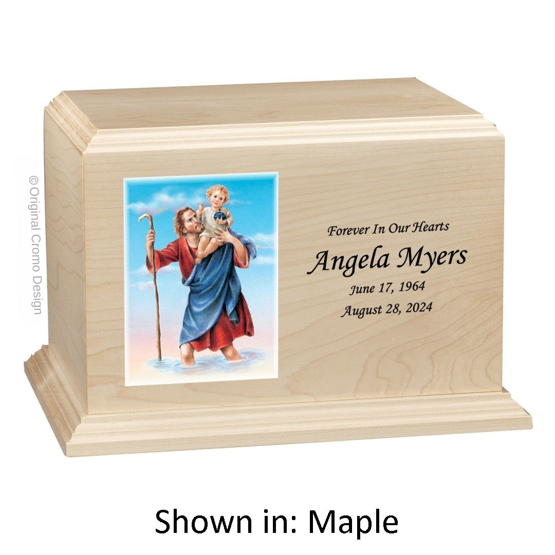 Catholic cremation urn with Saint Christopher Wood finish by Cromo NB