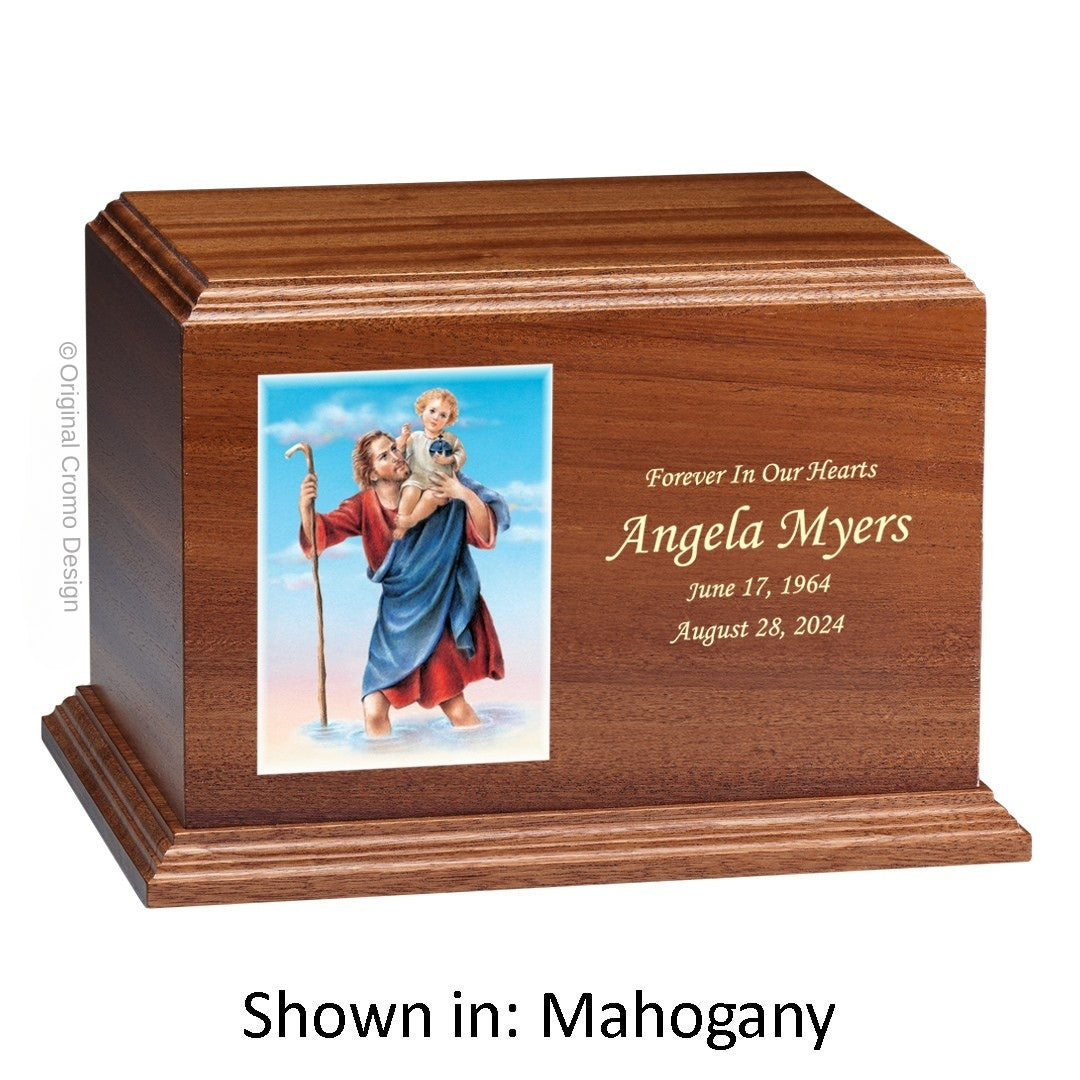Catholic cremation urn with Saint Christopher Wood finish by Cromo NB