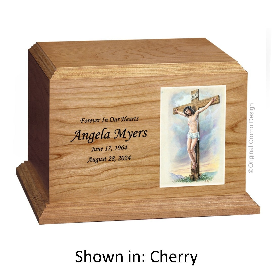 Catholic cremation urn with Saint Christopher Wood finish by Cromo NB