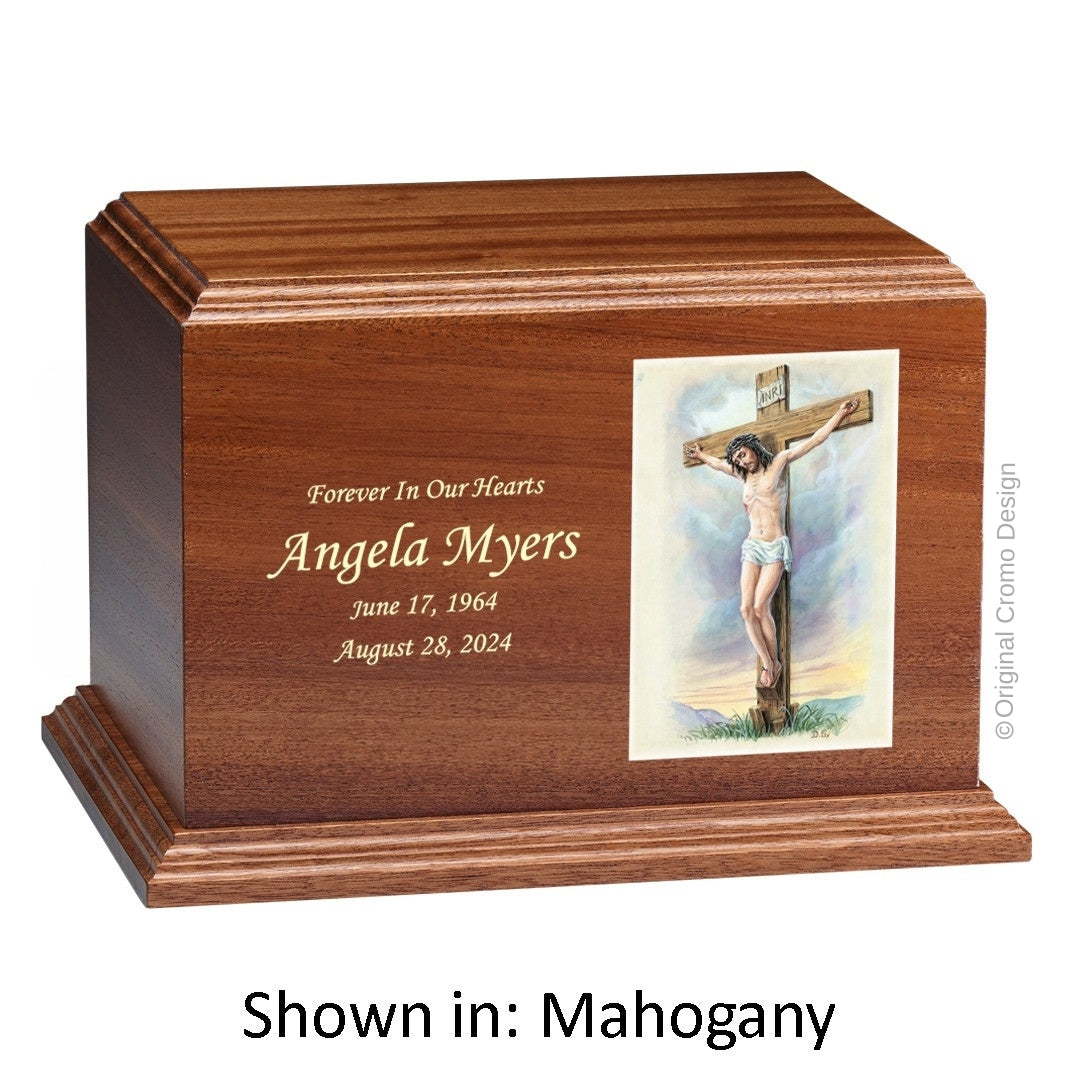 Catholic cremation urn with Crucifixion Wood finish by Cromo NB