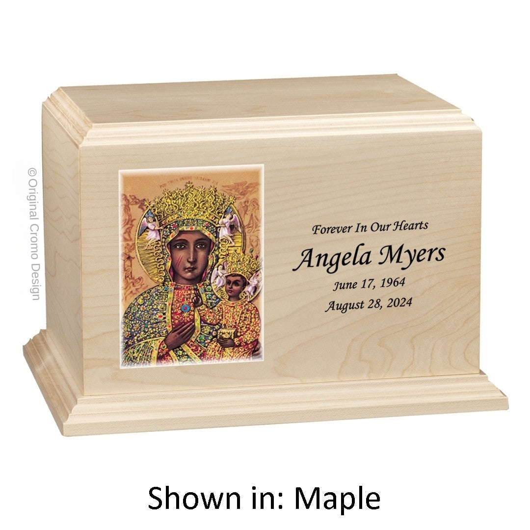 Catholic cremation urn with Our Lady of Czetechowa Wood finish by Cromo NB