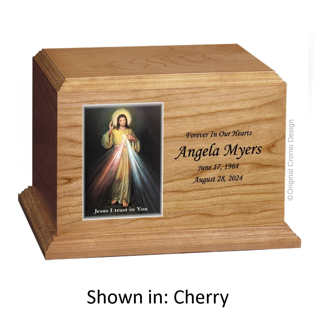 Catholic cremation urn with Our Lady of Czetechowa Wood finish by Cromo NB