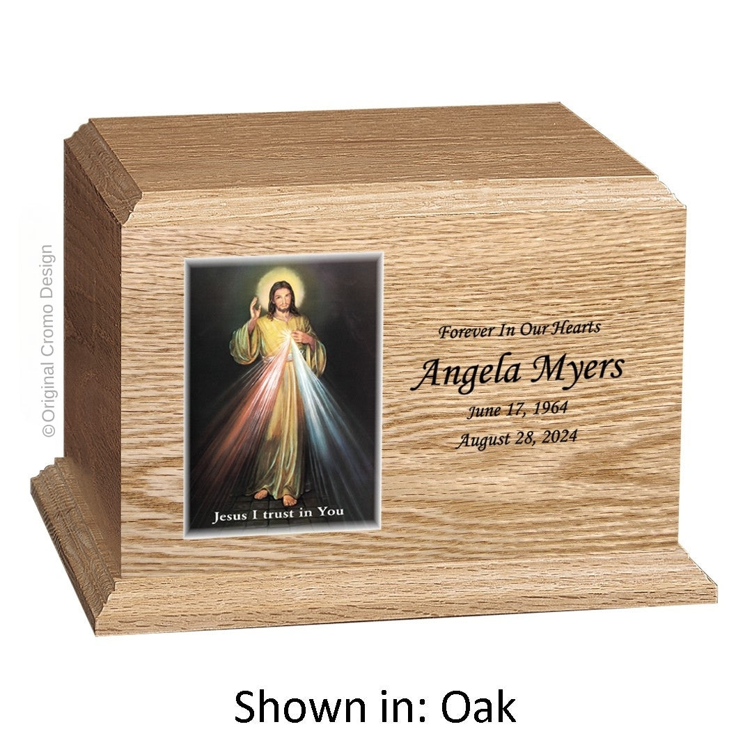 Catholic cremation urn with Divine Mercy English Wood finish by Cromo NB