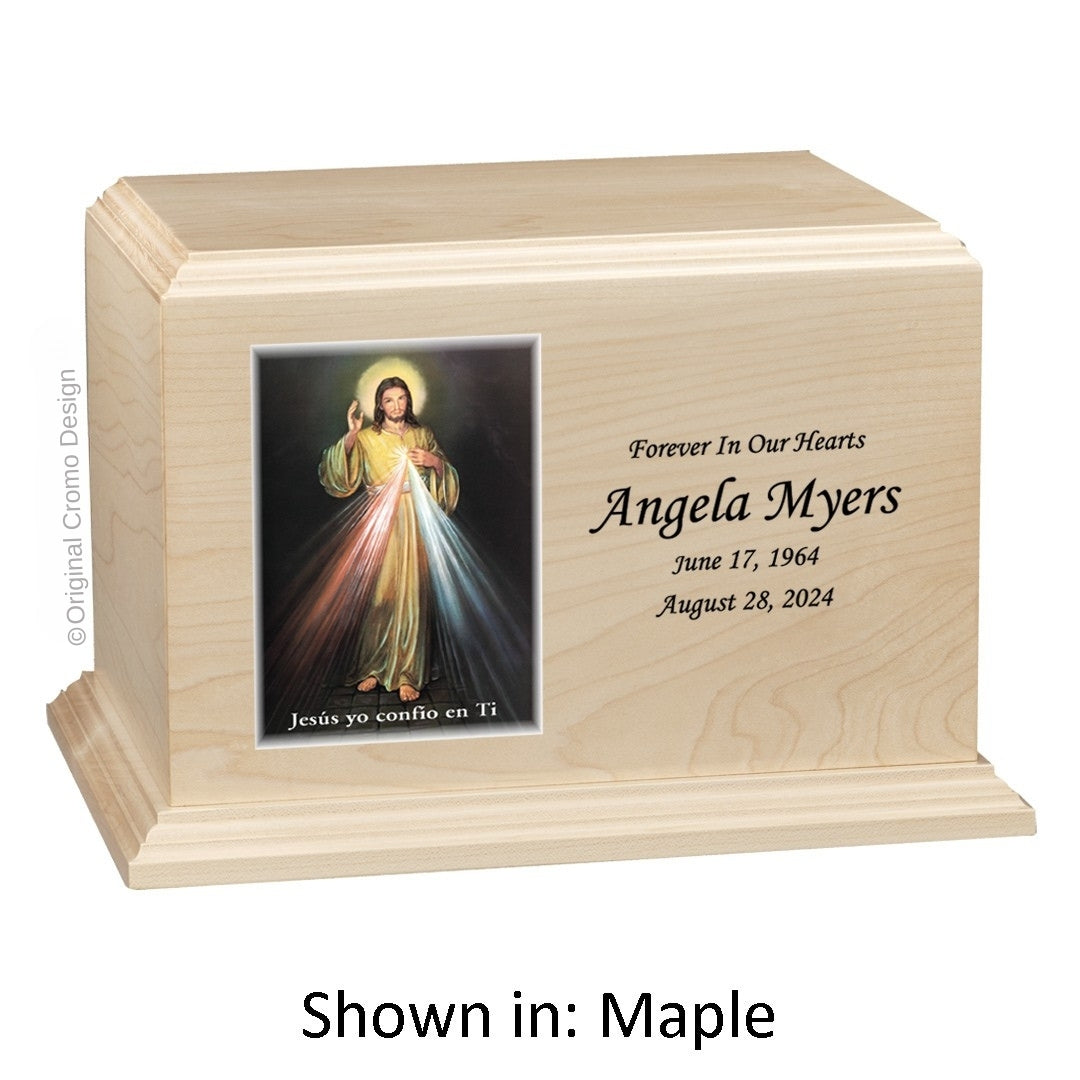Catholic cremation urn with Divine Mercy Spanish Wood finish by Cromo NB