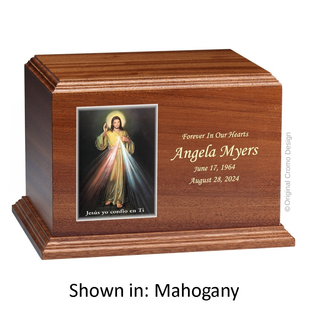 Catholic cremation urn with Divine Mercy Spanish Wood finish by Cromo NB