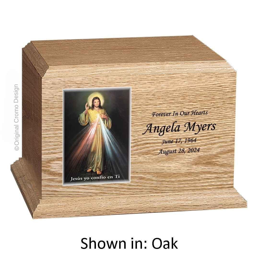 Catholic cremation urn with Divine Mercy Spanish Wood finish by Cromo NB