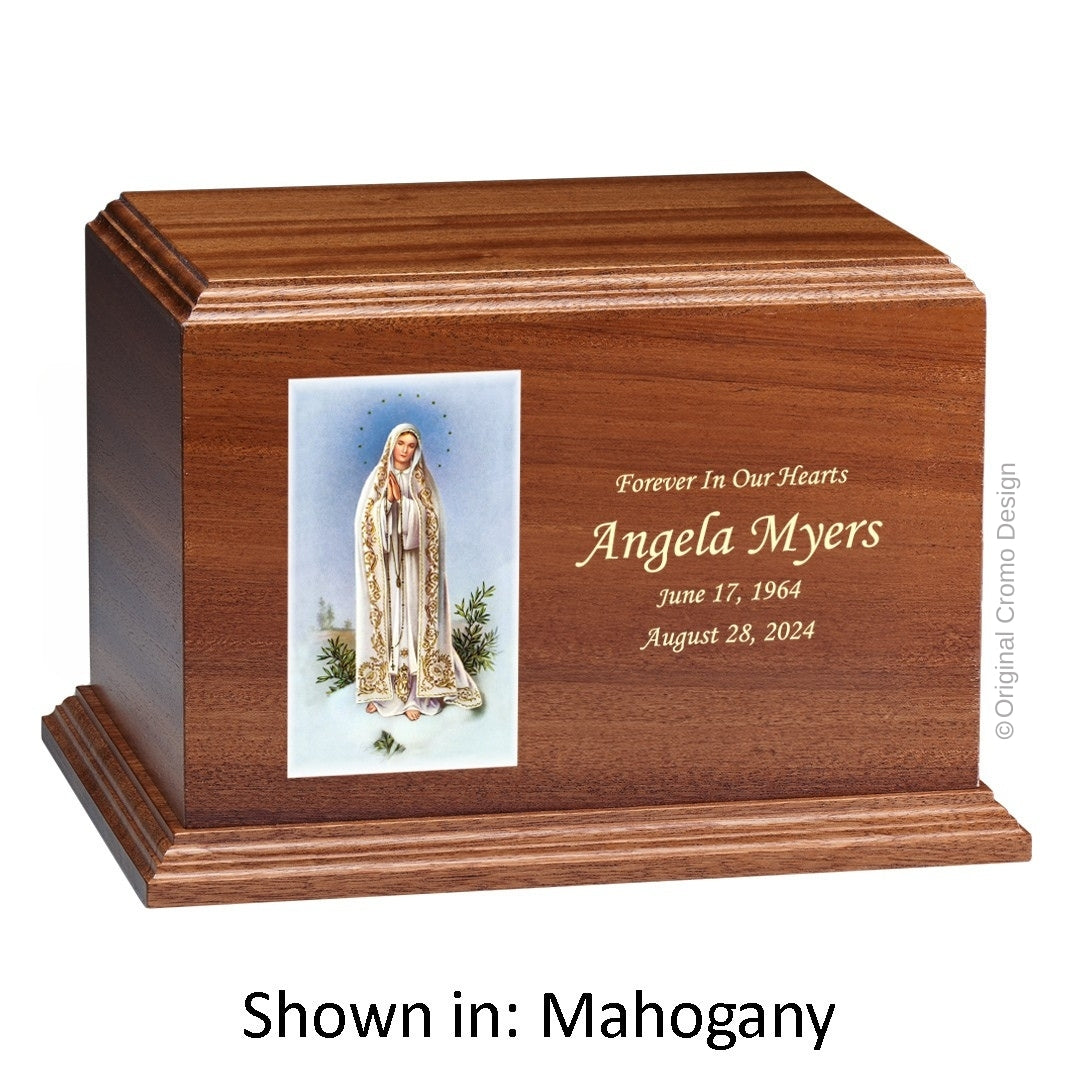 Catholic cremation urn with Our Lady of Fatima Wood finish by Cromo NB