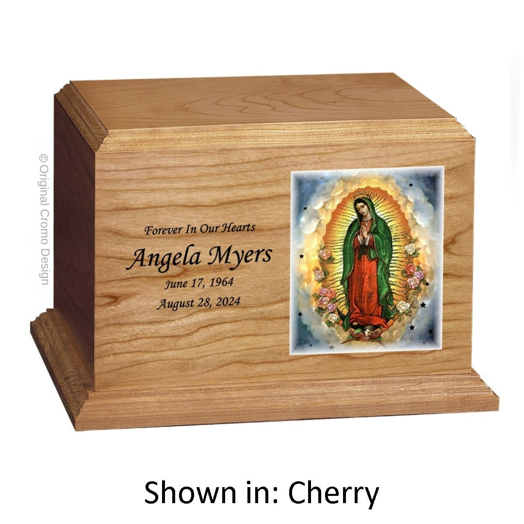 Catholic cremation urn with Our Lady of Fatima Wood finish by Cromo NB