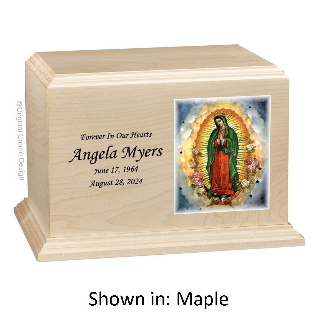 Catholic cremation urn with Our Lady of Guadalupe Wood finish by Cromo NB