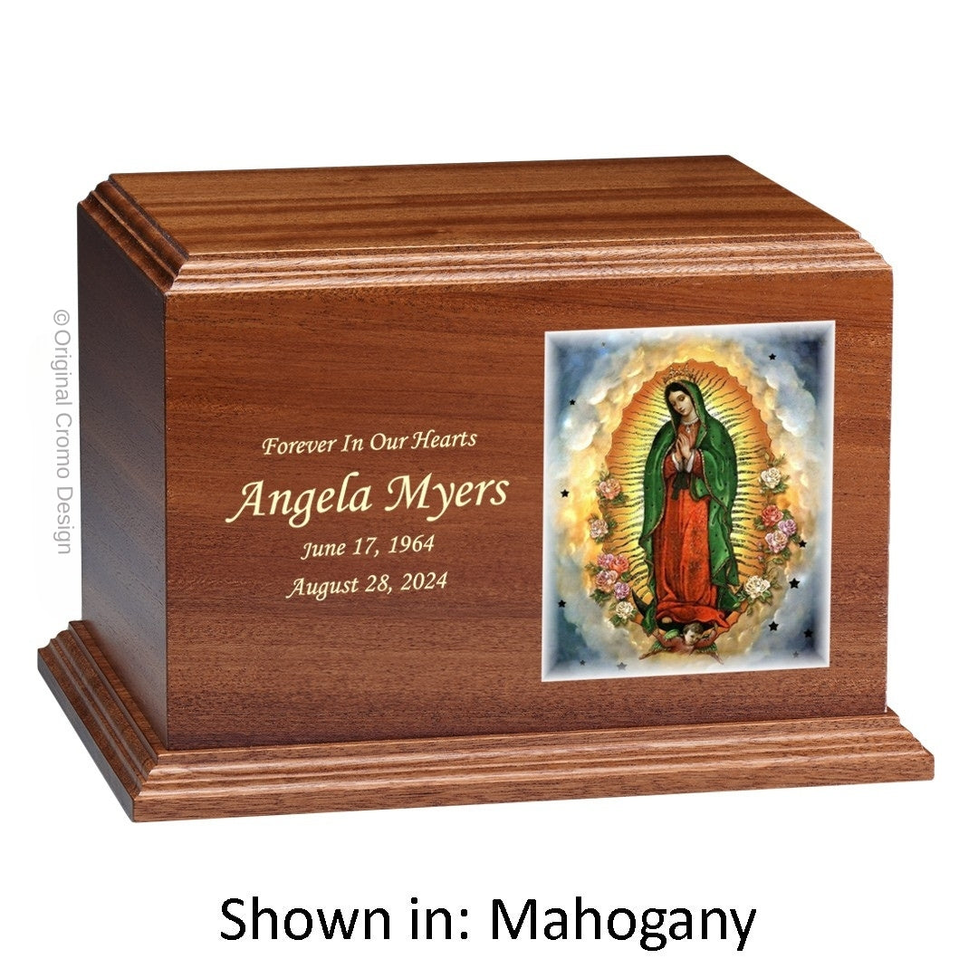 Catholic cremation urn with Our Lady of Guadalupe Wood finish by Cromo NB