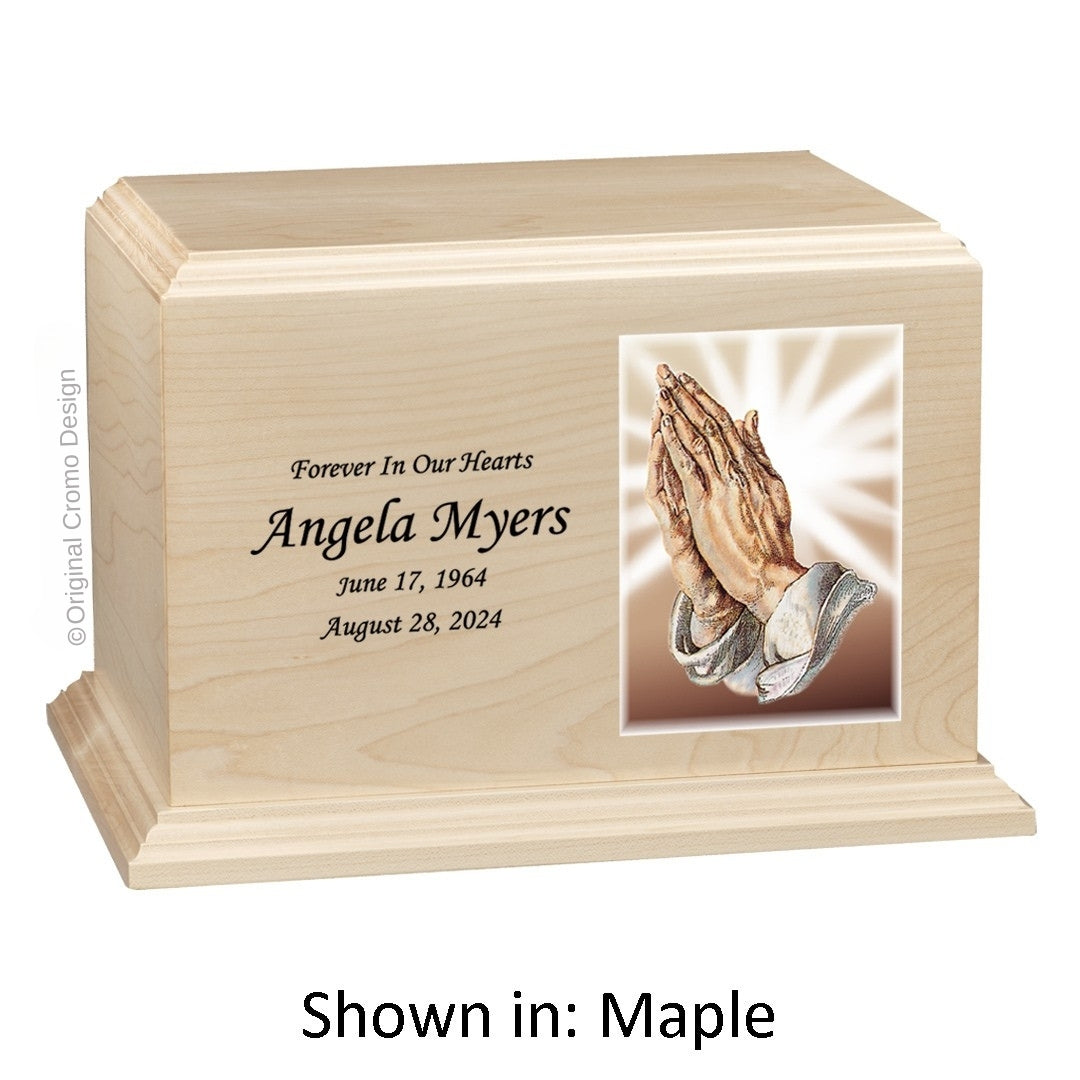 Catholic cremation urn with Praying Hands Wood finish by Cromo NB