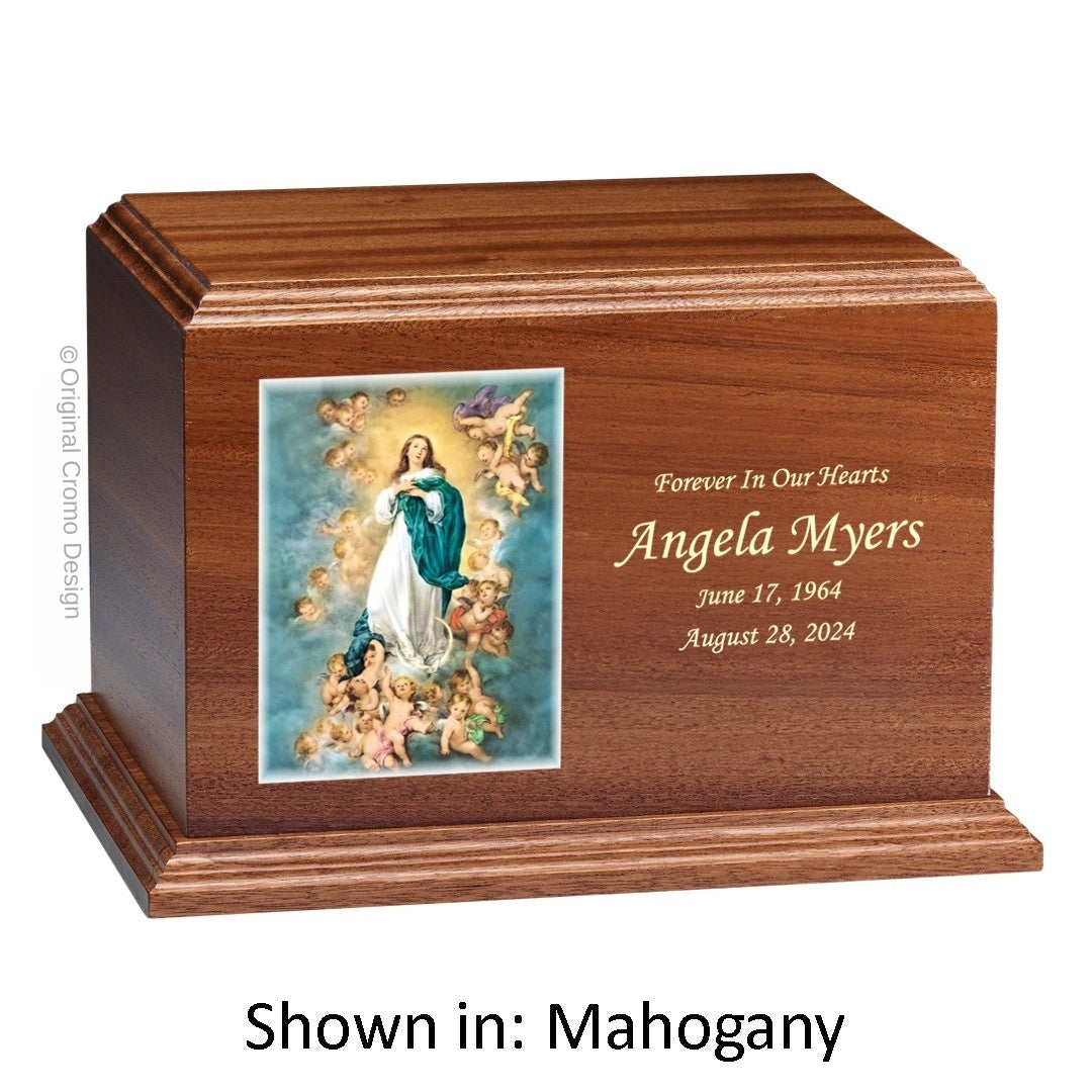 Catholic cremation urn with Immaculate Conception Wood finish by Cromo NB