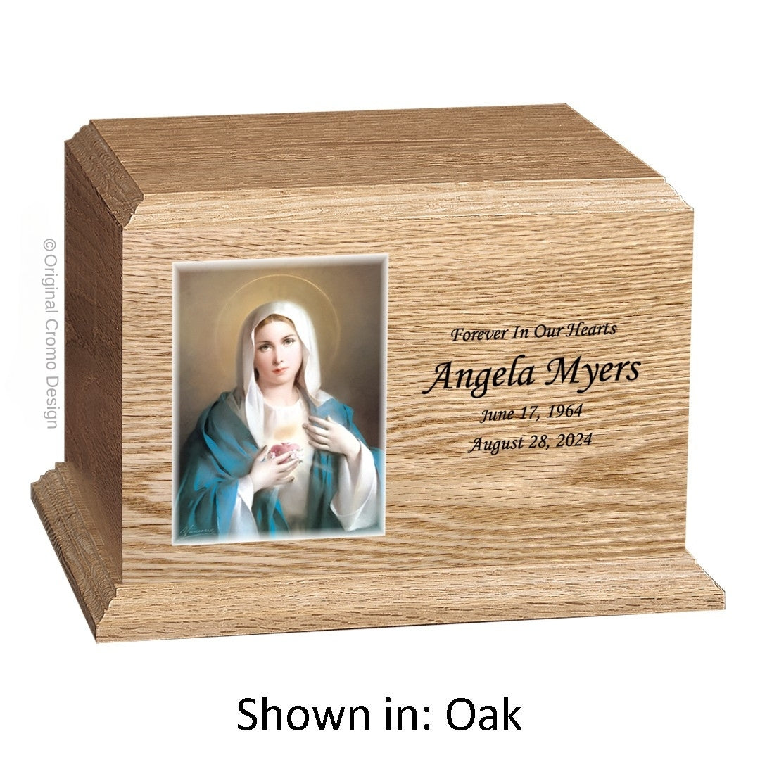Catholic cremation urn with Immaculate Conception Wood finish by Cromo NB