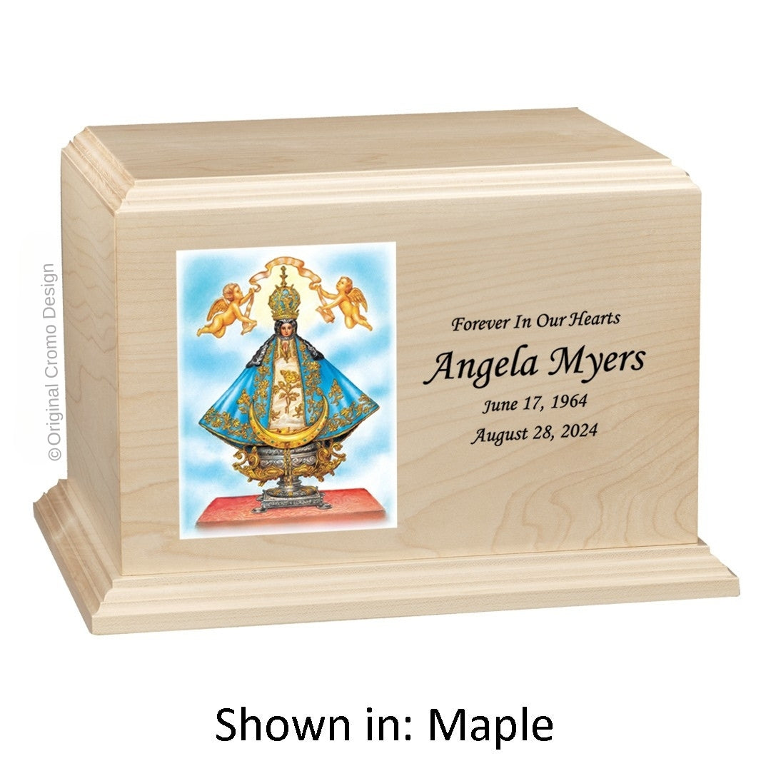 Catholic cremation urn with Our Lady of San Juan de Lagos Wood finish by Cromo NB