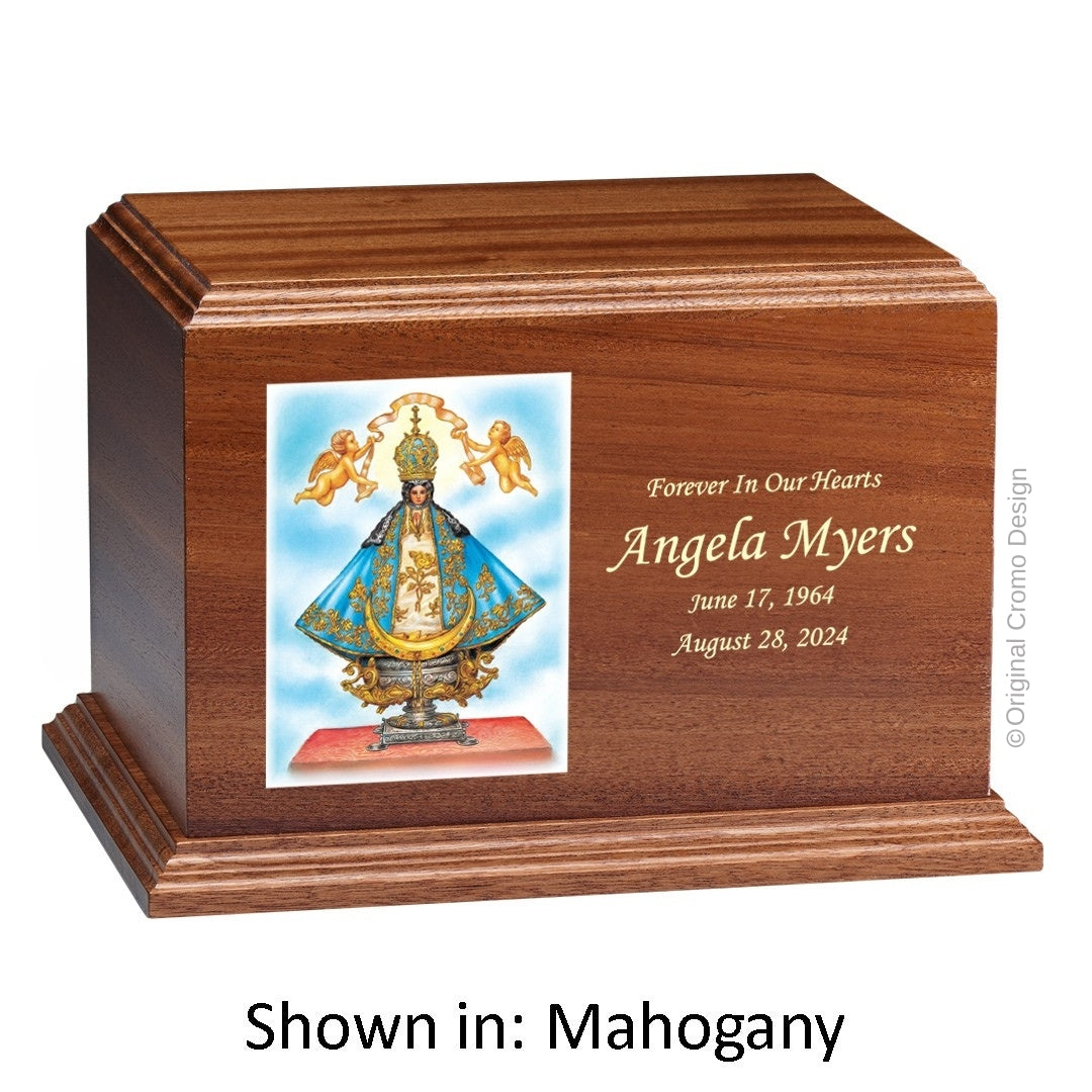 Catholic cremation urn with Our Lady of San Juan de Lagos Wood finish by Cromo NB