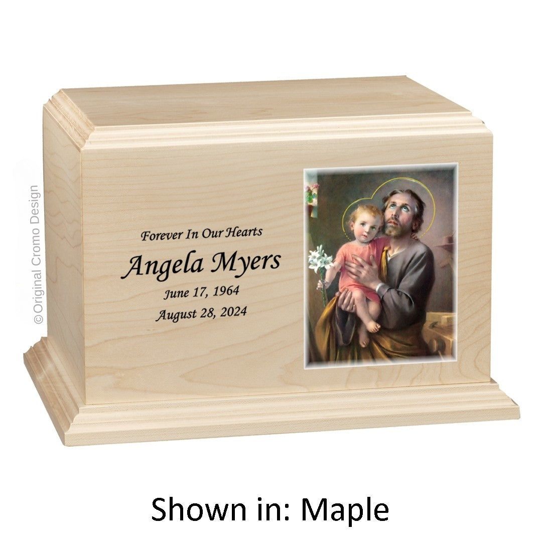 Catholic cremation urn with Saint Joseph Wood finish by Cromo NB