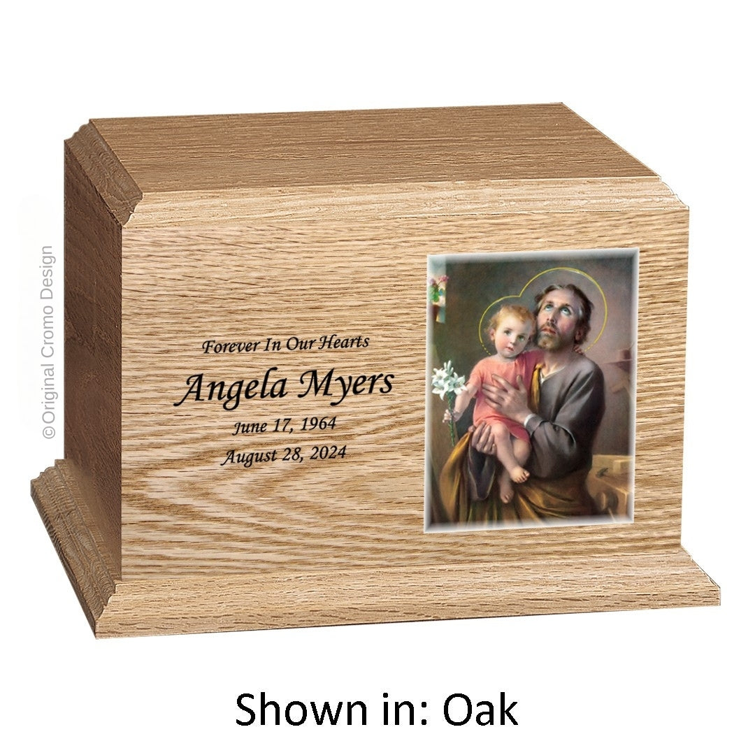 Catholic cremation urn with Our Lady of San Juan de Lagos Wood finish by Cromo NB