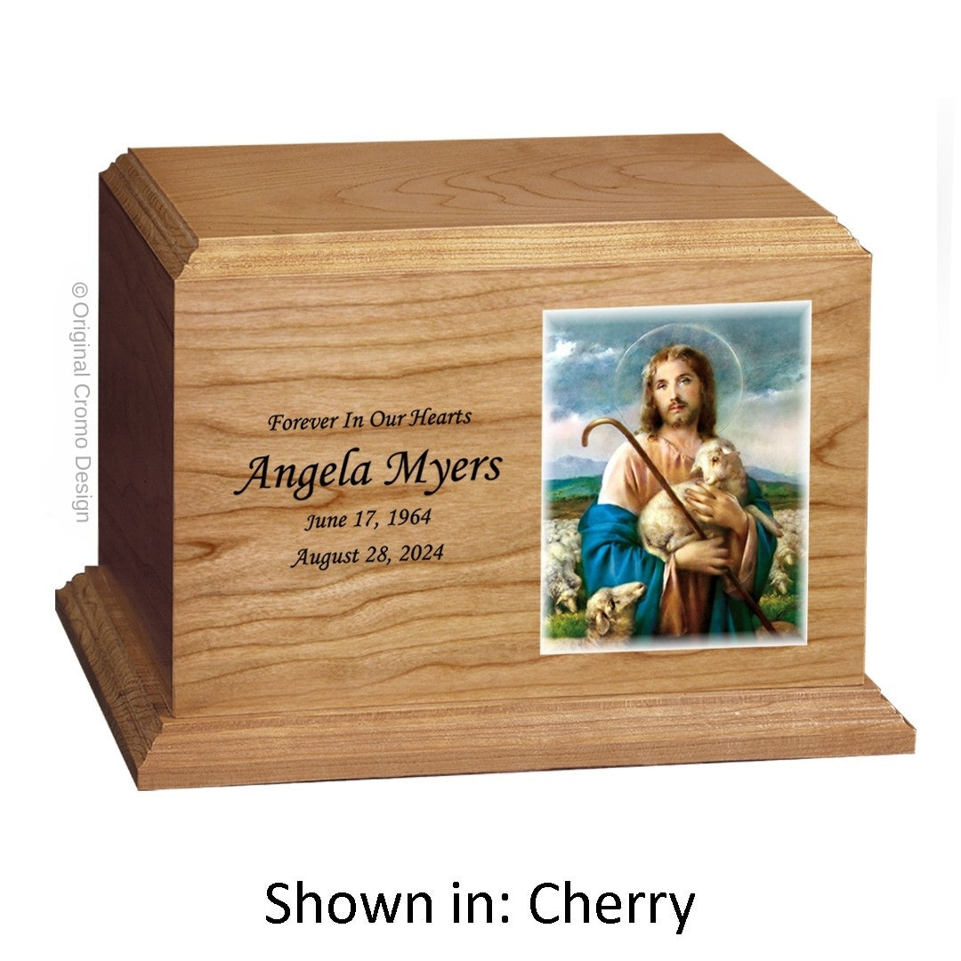 Catholic cremation urn with Jesus Praying Wood finish by Cromo NB