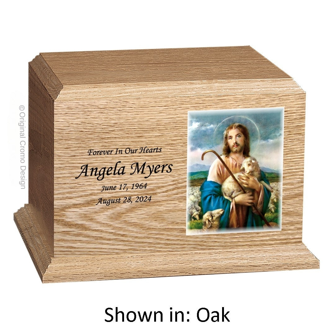 Catholic cremation urn with Jesus Praying Wood finish by Cromo NB
