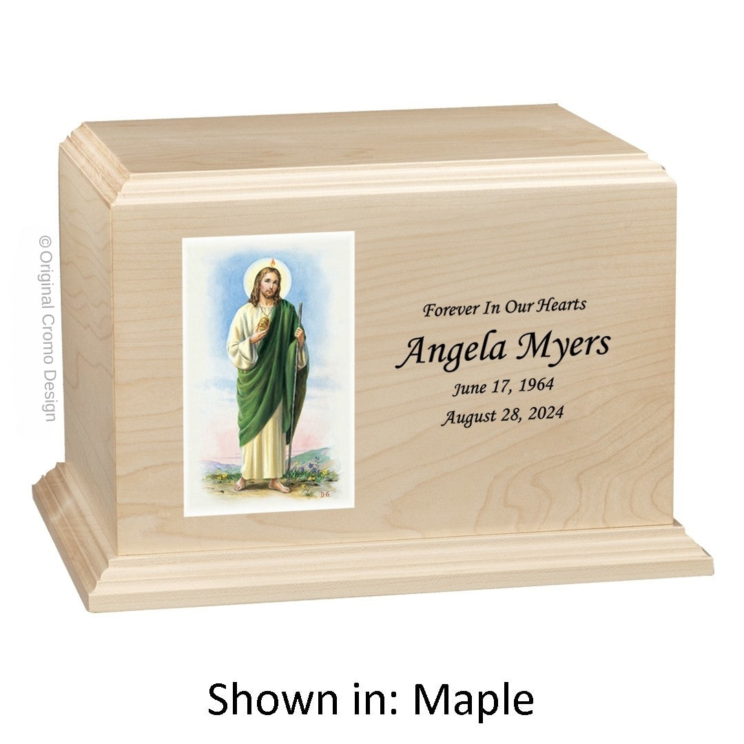 Catholic cremation urn with Saint Jude Wood finish by Cromo NB