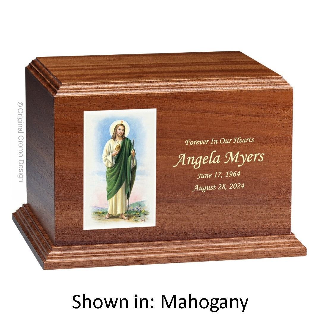 Catholic cremation urn with Saint Jude Wood finish by Cromo NB