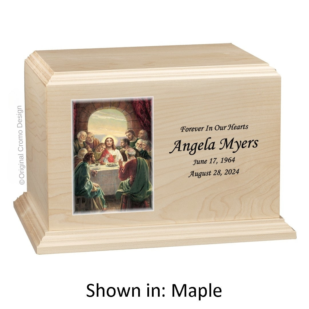 Catholic cremation urn with Twin Hearts Wood finish by Cromo NB