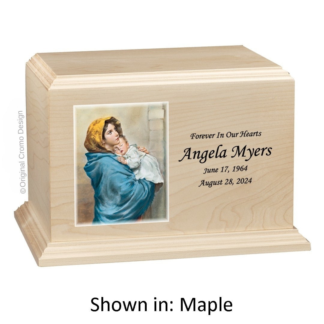 Catholic cremation urn with Our Lady of Lourdes Wood finish by Cromo NB