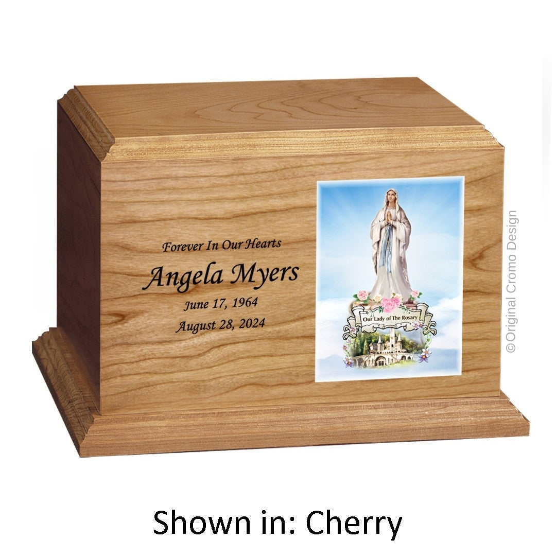 Catholic cremation urn with Madonna of The Street Wood finish by Cromo NB