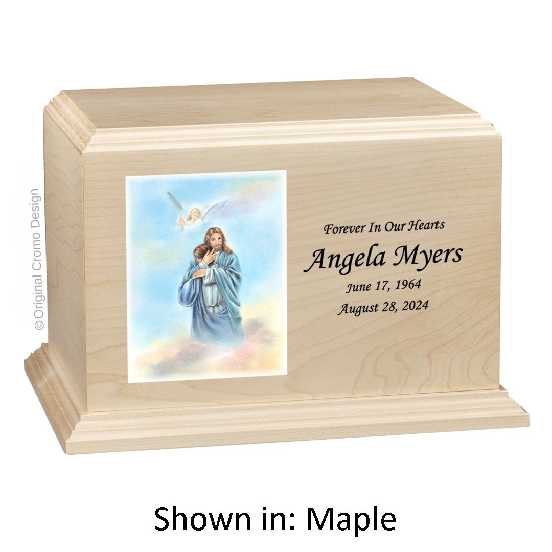 Catholic cremation urn with Our Lady of the Rosary Wood finish by Cromo NB