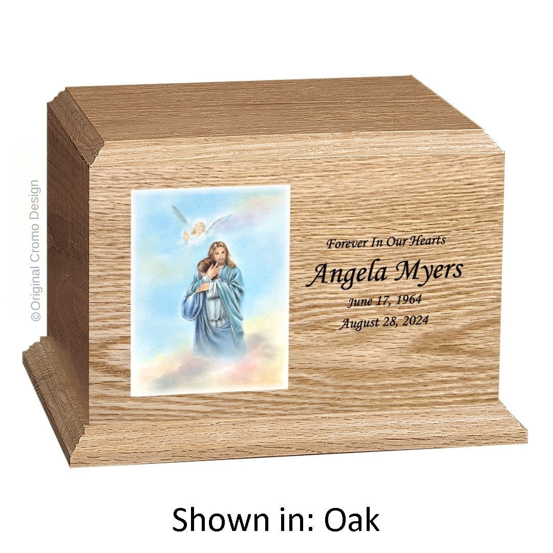 Catholic cremation urn with Saint Michael Archangel Wood finish by Cromo NB