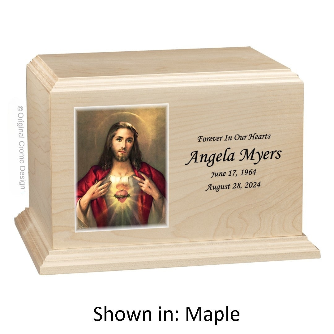 Catholic cremation urn with Paradise Jesus Hugging Wood finish by Cromo NB