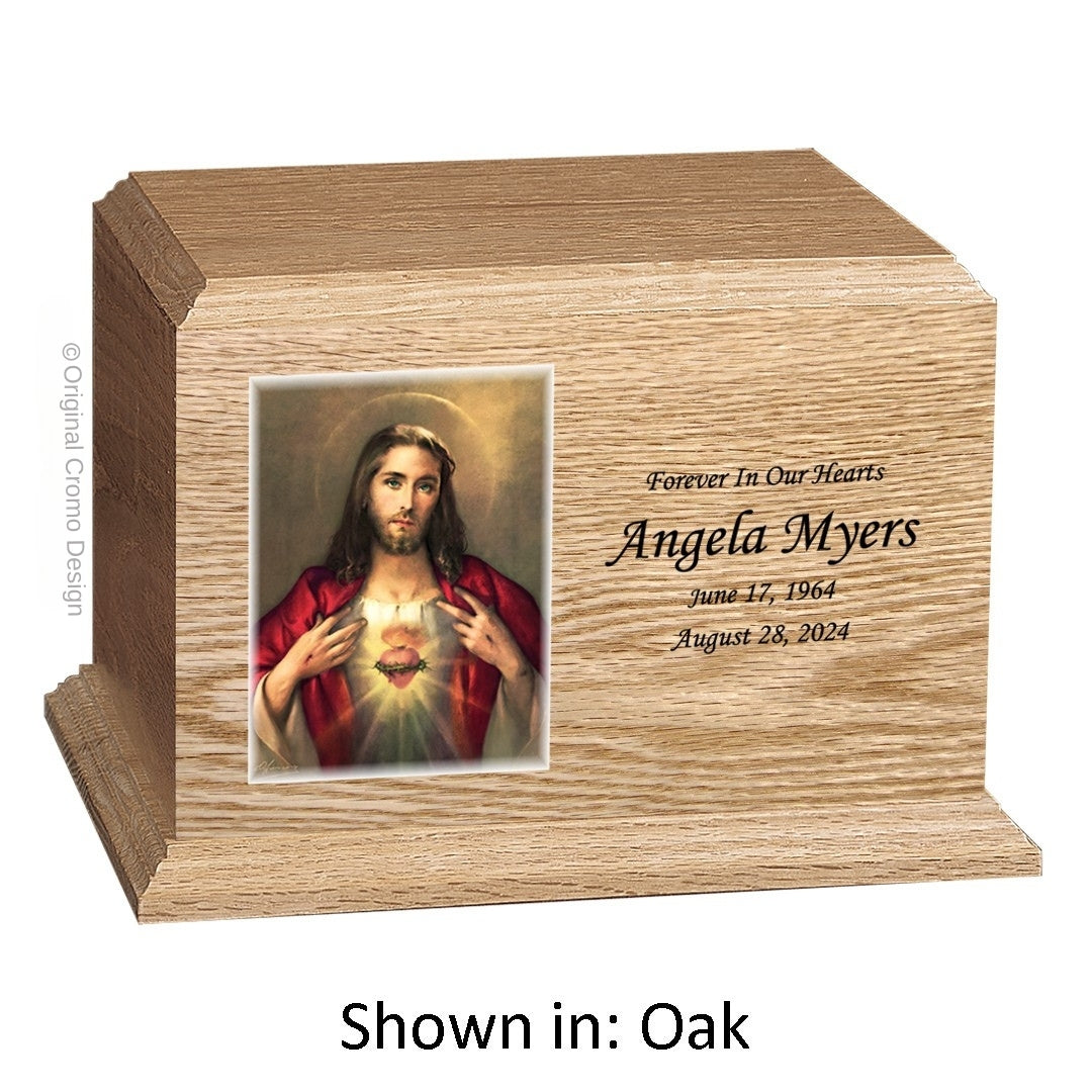 Catholic cremation urn with Saint Patrick Wood finish by Cromo NB