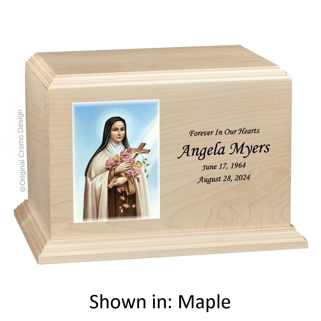 Catholic cremation urn with Mystical Rose Wood finish by Cromo NB