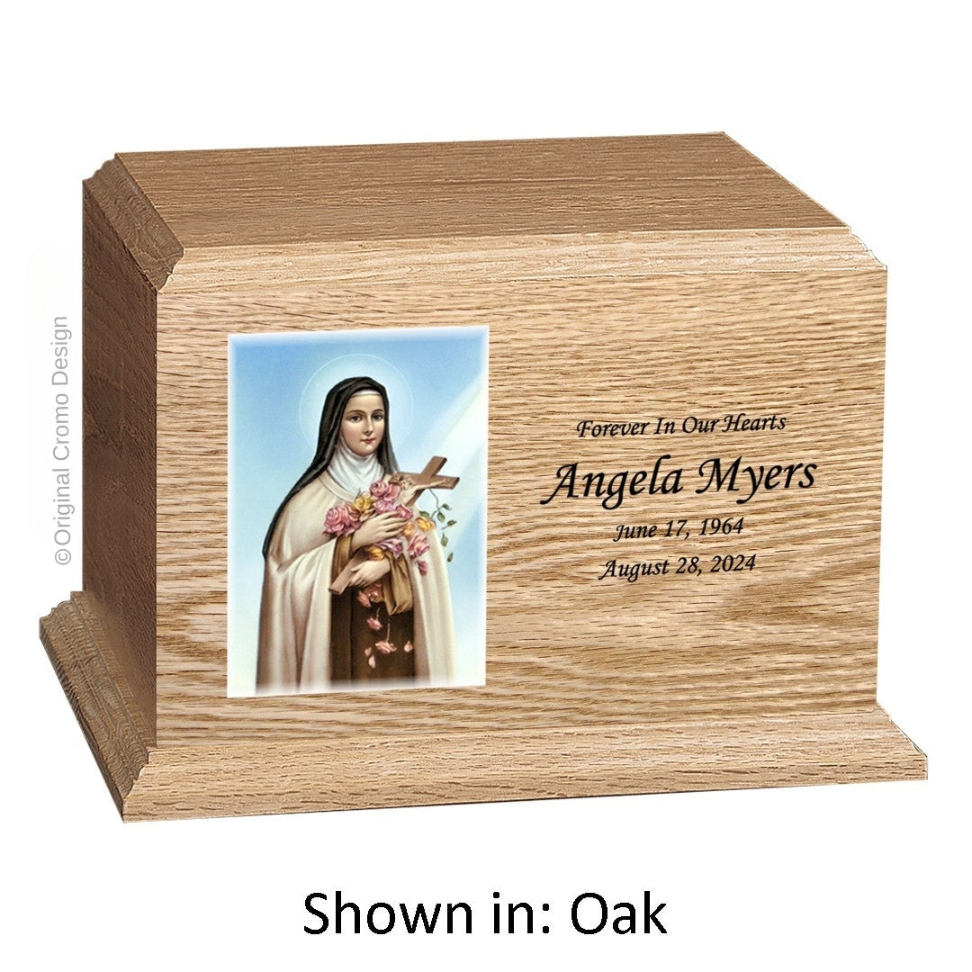 Catholic cremation urn with Paradise Jesus Hugging Wood finish by Cromo NB