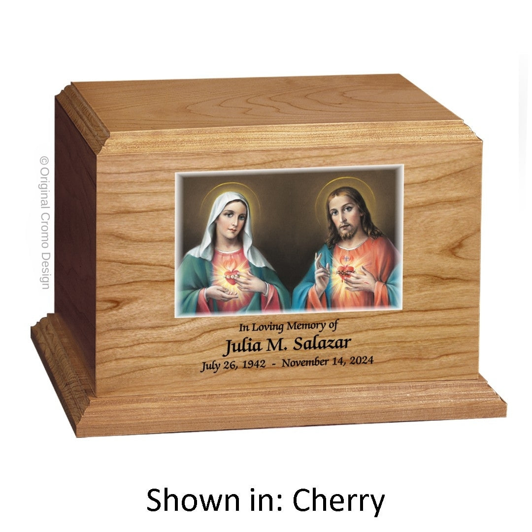 Catholic cremation urn with Mystical Rose Wood finish by Cromo NB