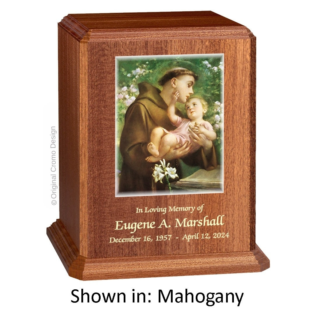 Catholic cremation urn with Saint Anthony Mahogany finish by Cromo NB
